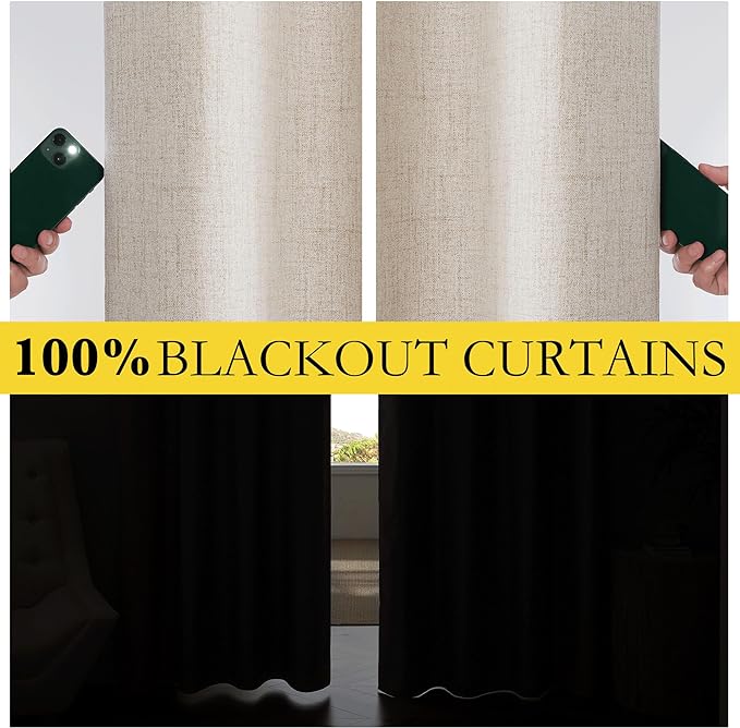 NICETOWN Farmhouse Style Keep Warm Large Window Draperies 108 inches Length with Thermal Insulated Liners, 2 Panels, 52" W, Full Blackout Oatmeal Linen Curtains for Sliding Glass Door