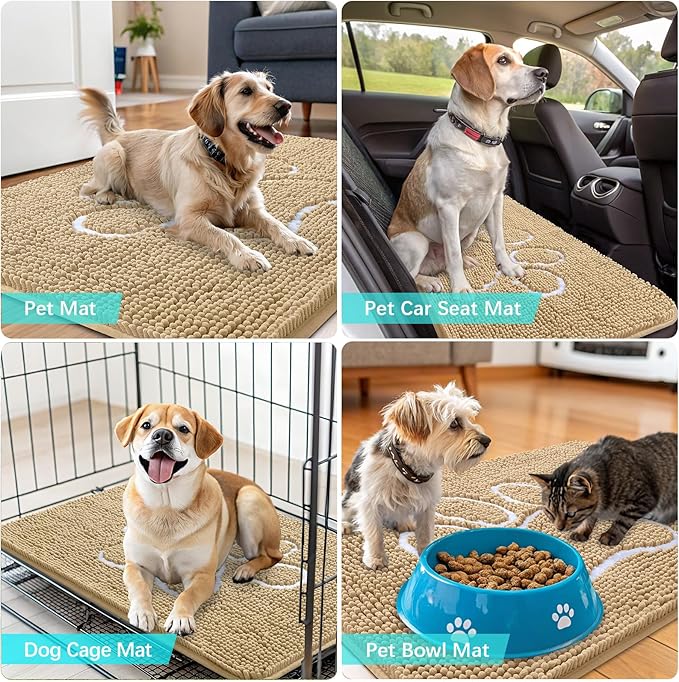 OLANLY Dog Door Mat for Muddy Paws 54x32, Paw Print Design, Absorbs Moisture and Dirt, Absorbent Non-Slip Washable Doormat, Quick Dry Chenille Mud Mat for Dogs, Entry Indoor Entryway Carpet, Beige
