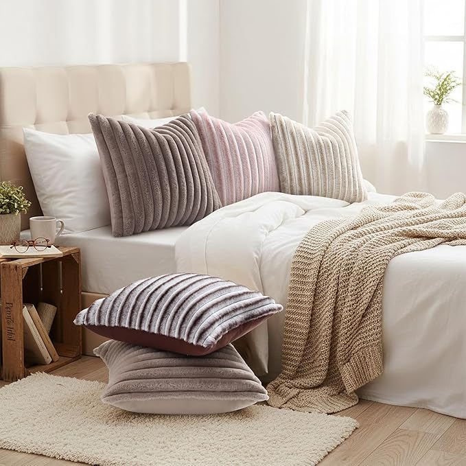 decorUhome Cozy Faux Fur Throw Pillow Covers 20x20 Set of 2 Decorative Soft Plush Striped Modern Farmhouse Boho Couch Pillow Cases with Velvet Back for Sofa Bed Living Room, Light Coffee