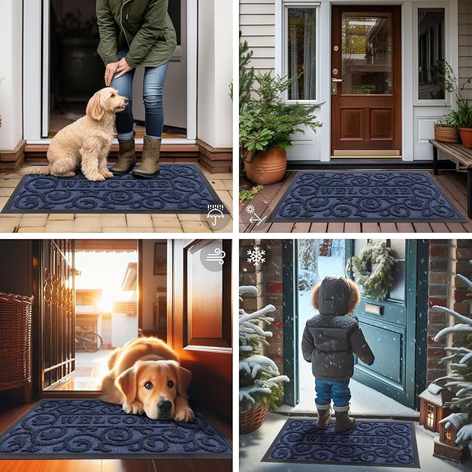 Smiry Welcome Door Mat Outside Entrance, Heavy Duty Trap Dirt and Moisture Easy Clean Low Profile Patio Porch Indoor Outdoor Front Doormat for Entry, 35x23 Inch, Navy Blue