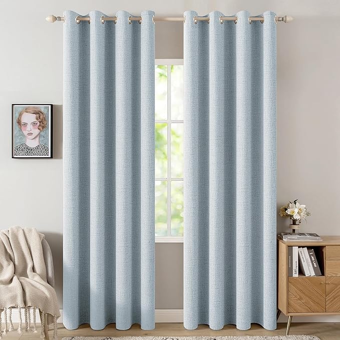MIULEE 100% Blackout Linen Textured Curtains for Bedroom Solid Thermal Insulated Chambray Blue Grommet Room Darkening Curtains & Drapes Luxury Decor for Living Room Nursery 52 x 108 Inch (2 Panels)