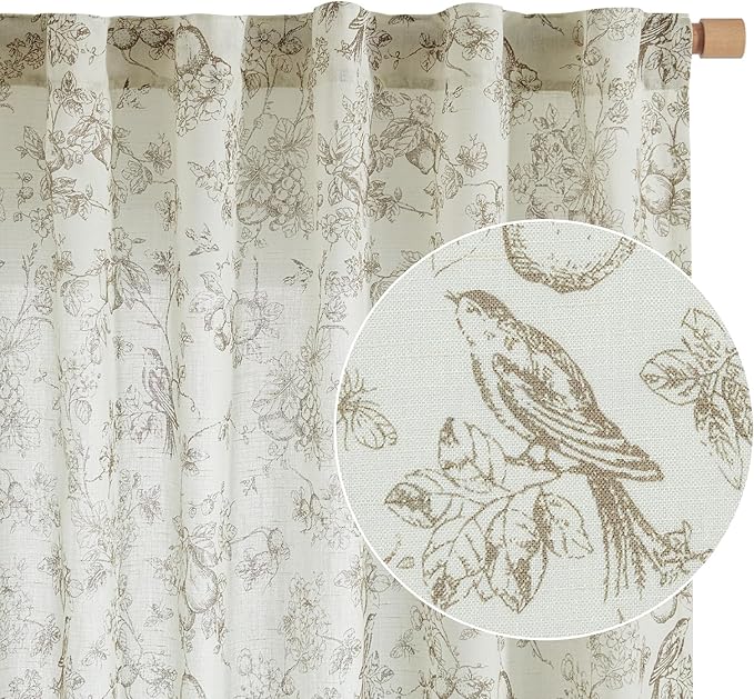 jinchan Linen Floral Curtains for Living Room 96 Inch Length Taupe Printed Flower French Country Curtain Farmhouse Cottage Core Toile Curtains Back Tab Light Filtering Window Drapes Set 2 Panels
