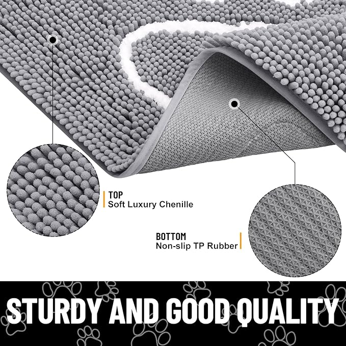 Smiry Dog Door Mat for Muddy Paws, Absorbent Dirt Trapper Non Slip Quick Dry Washable Chenille Mat for Mud Dogs, Entry Rug for Indoor and Outdoor (48x30 Inches, Grey and White)