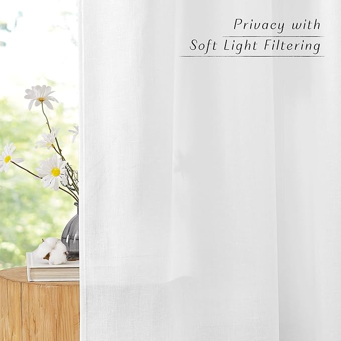 NICETOWN Linen White Curtains 84 inch Length 2 Panels Set, Grommet Thick Flax Linen Blend Window Treatment Privacy Assured with Light Filtering for Bedroom/Living Room, W55 x L84