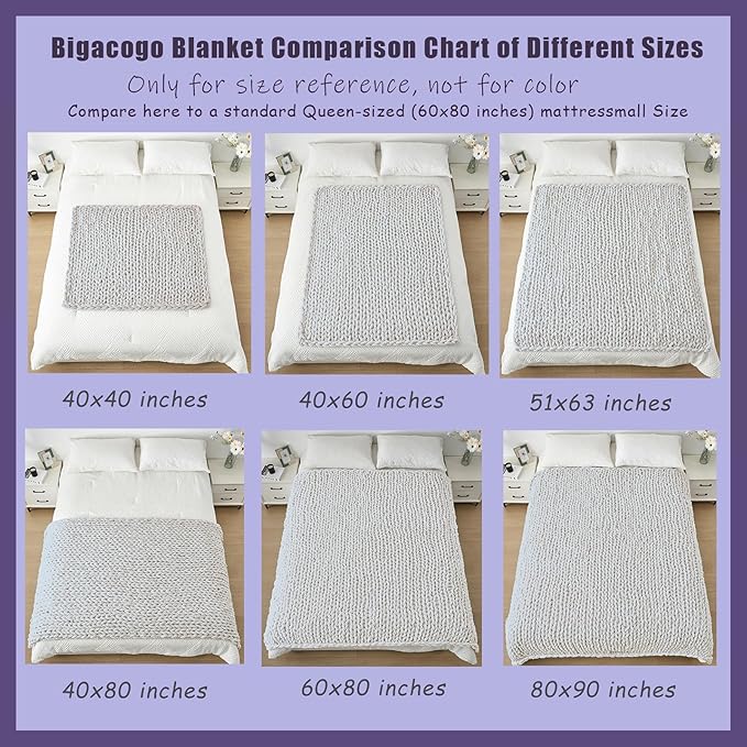 Bigacogo Chunky Knit Throw Blanket for Couch, 80x90 inches, 100% Hand Knitted with Thick Jumbo Chenille Yarn, Cozy Soft Large Rope Knot Cable Crochet Blankets for Sofa Bed Living Room, White