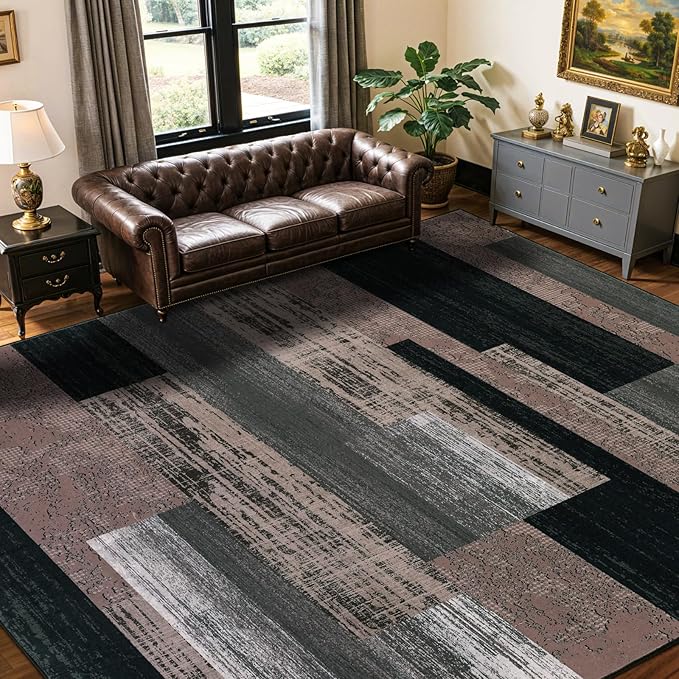 LIANLAM 8x10 Washable Area Rugs for Living Room and Bedroom, Vintage Checkered Pattern Non-Slip Carpet, Stain Resistant Low Pile Soft Rug for Dining Room,Office,Nursery,Kids Room(8x10,Chocolate)