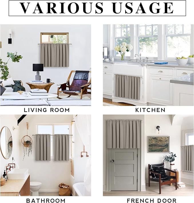 RYB HOME Basement Bathroom Kitchen Cafe Blackout Privacy Curtains, Short Insulating Light UV Heat Blocking Privacy Curtain Tiers for Laundry Room, Width 34 by Length 30, Sand, 2 Panels
