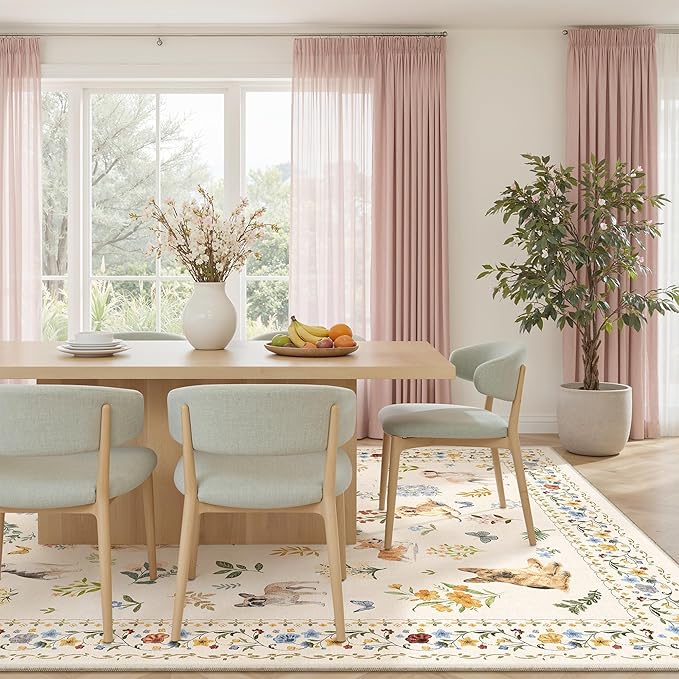 Soalmost Dog 9x12 Area Rugs for Living Room, Machine Washable Animal Floral Vintage Rug Non-Slip Low Pile Soft Throw Large Rugs for Bedroom Dining Room Kitchen Nursery Playroom (9 x 12,Beige)