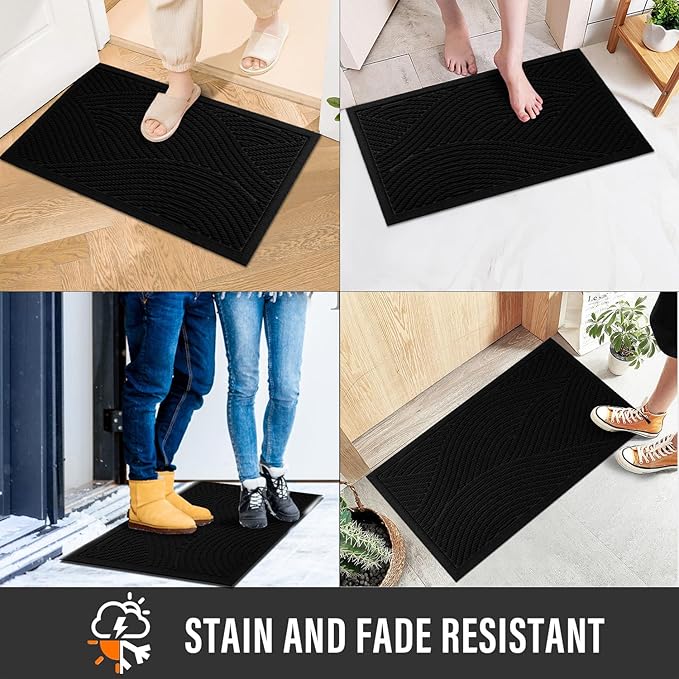HIYARD Sturdy Front Door Mat, Absorbent Muddy Dirt Resist Welcome Door Mats Outdoor Indoor, Stain and Fade Resistant, Non-Slip Backing Entry Mat Low Profile Doormat for Entryway, 36×24, Black