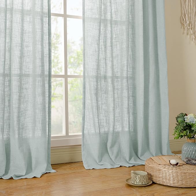 LAMIT Faux Linen Curtains 63 inches Long for Bedroom, Back Tab and Rod Pocket Linen Drapes Light Filtering Semi Sheer Curtains for Small Window/Farmhouse, 2 Panels (52 x 63 Inch, Greyish Blue)