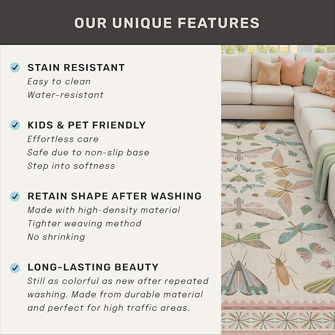 Hazo Haus Butterfly Area Rugs 5x7 for Baby Nursery, Cute Light Pink Rugs for Bedroom Girls, Living Room, Kids Room Playroom Reading Corner, Washable Ultra Soft Stain Resistant Floral Floor Decor