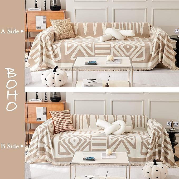 HANDONTIME Sofa Covers for Sectional Sofa Set Boho Couch Cover for Dogs Khaki Throw Couch Cover with Tassel Loveseat Covers Futon Cover L Shaped Cover Washable Chenille Couch Protector, 71" X118"
