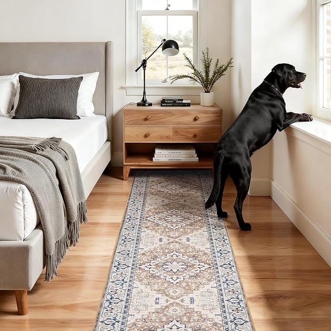 Lofus 2x8 Hallway Washable Runner Rug, Vintage Kitchen Runners Non Slip, Entryway Rugs for Bathroom Bedroom Living Room Laundry Room Floor Mat, Boho Entry Long Carpet, Floral Brown
