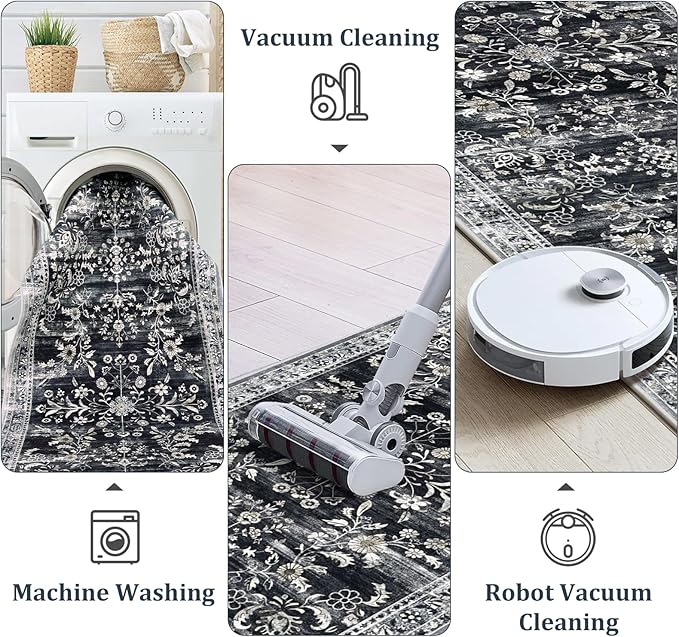 Yamaziot Washable Runner Rug 2x10 – Non Slip Boho Floral Hallway Runner Rug with Rubber Backing, Low Pile Faux Wool Distressed Carpet for Kitchen, Laundry, Bedroom, Entrance, Navy/Black