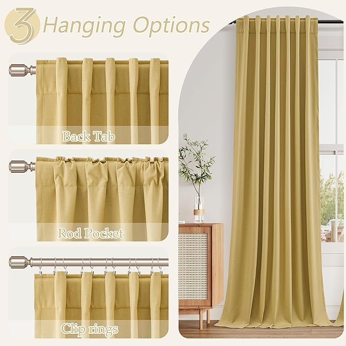Gold 100% Blackout Linen Curtains 108 Inch Length 2 Panels Set for Living Room Bedroom Back Tab Thermal Insulated 100% Black Out Drapes Room Darkening Farmhouse Style for Bedroom Window Curtains