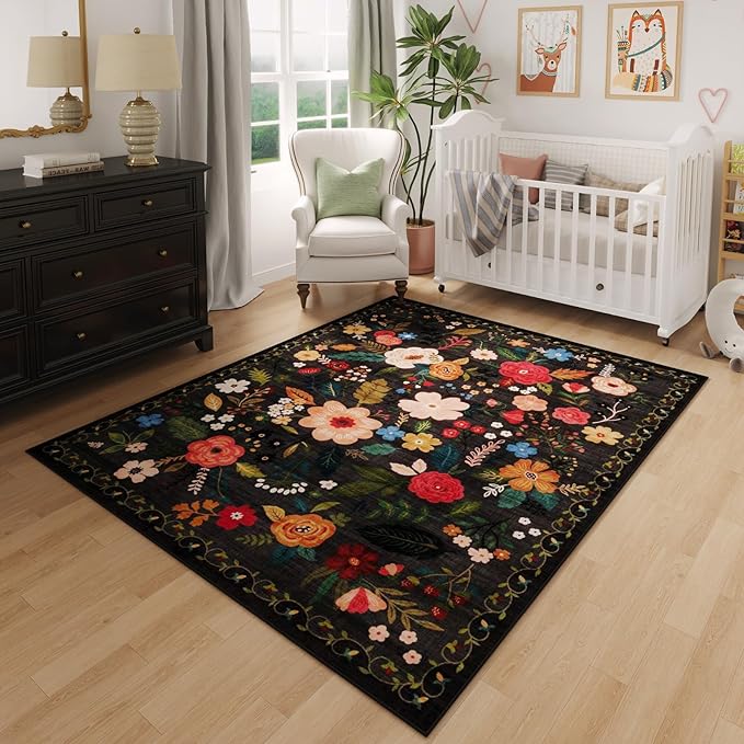 Rugcomf Area Rug 4x6 Rug Washable Boho Rugs Non Slip Low Pile Floral Small Carpet for Bedroom, Bedside, Kids Room, Office, Dining Room(Black)