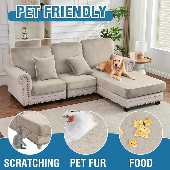 Couch Cover 6-Piece Elastic Velvet Couch Cushion Covers & Chaise Slipcovers for L-Shaped Sofas - Sofa Seat Covers Washable, Soft Protector for Couches (5 Seater + Chaise, Taupe)