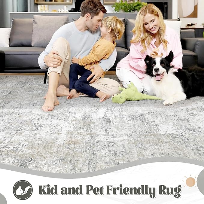 XLUEZ 6x9 Area Rugs for Living Room, Washable Modern Abstract Large Area Rug Neutral Soft Non Slip Kids Rug Stain Resistant Indoor Carpet for Bedroom Nursery Dining Room Playroom(BeigeGrey, 6'x9')