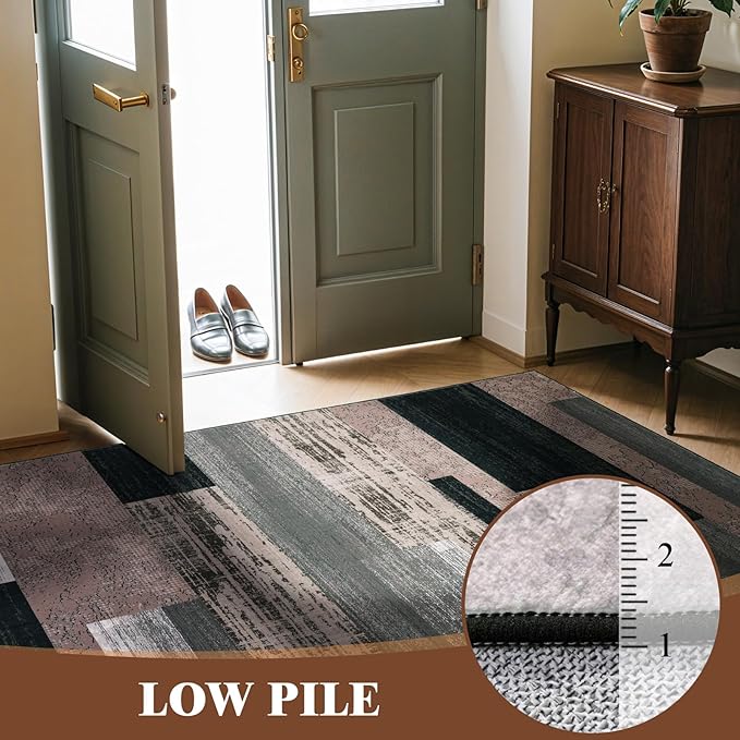 LIANLAM 6x9 Washable Area Rugs for Living Room and Bedroom, Vintage Checkered Pattern Non-Slip Carpet, Stain Resistant Low Pile Soft Rug for Dining Room,Office,Nursery,Kids Room(6x9,Gray)