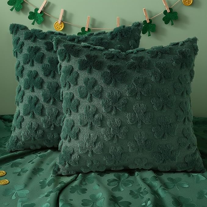 decorUhome St. Patrick’s Day Shamrock Green Pillow Covers 16x16 Inch Set of 2, Soft Plush Faux Wool Throw Pillow Covers, Farmhouse Spring Holiday Decor for Sofa Living Room
