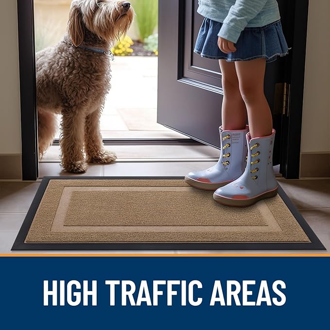 OLANLY Front Door Mat Indoor Outdoor Entrance, Waterproof All-Season, All-Weather Doormat, Sturdy Natural Rubber, Fade Resistant, Low Profile, Easy Clean Patio Porch Entryway Mat, 47x23, Light Borwn