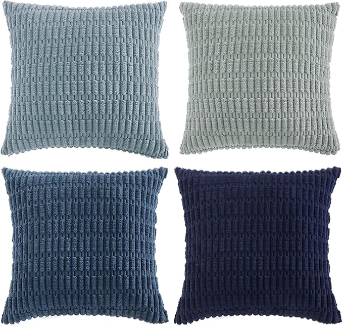 Fancy Homi Set of 4 Blue Boho Decorative Throw Pillow Covers 24x24 Inch for Couch Bed Sofa, Aesthetic Modern Bohemian Room Decor, Soft Fuzzy Fluffy Cozy Corduroy Coastal Blue Cushion Case 60x60cm