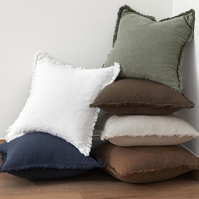 MIULEE Decorative Throw Pillow Covers Neutral Linen Fringe Throw Pillows Euro Shams Set of 2 Chocolate Brown Boho Farmhouse Cushion Covers for Couch Sofa Bed Living Room Spring Home Decor 24x24 Inch