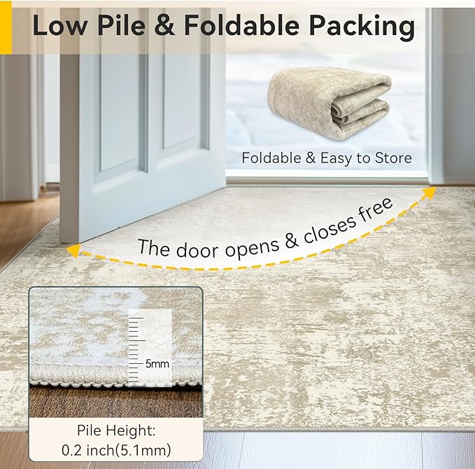 Washable Area Rugs 9'x12' Non-Slip Modern Abstract Soft for Living Room Entryway Bedroom Nursery, Print Pattern, Beige Cream Brown