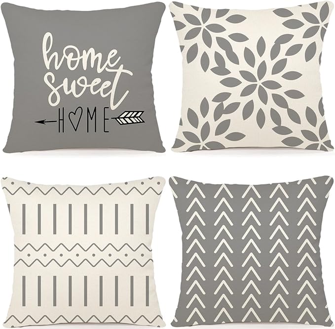 YCOLL Pillow Covers 22x22 Set of 4, Modern Sofa Throw Pillow Cover, Decorative Outdoor Linen Fabric Pillow Case for Couch Bed Car，Gray