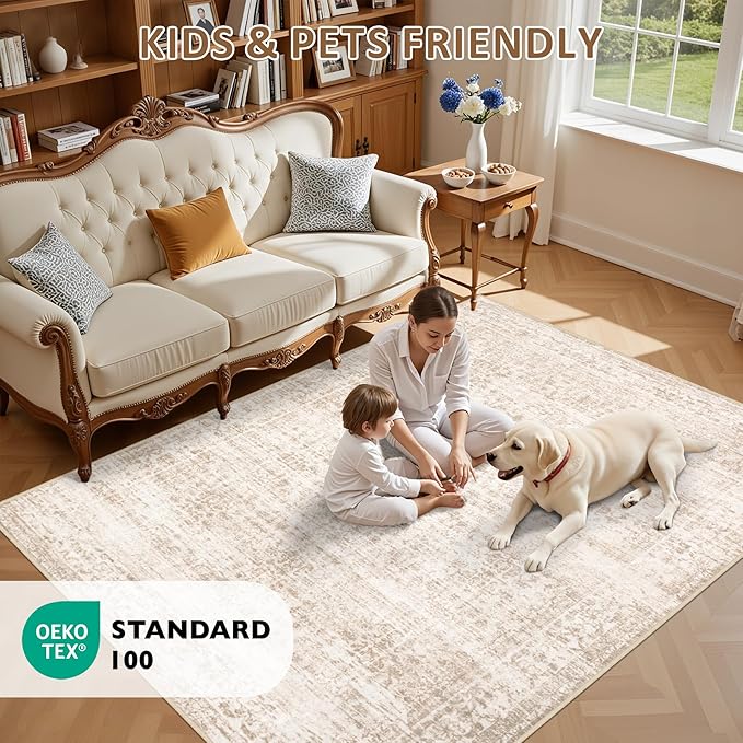Area Rugs 9x12 Living Room Rug: Washable Rug Soft Vintage Boho Carpet Indoor Floor Non-Slip Stain Resistant Large Carpets for Bedroom Dining Room Farmhouse Nursery Home Office Beige