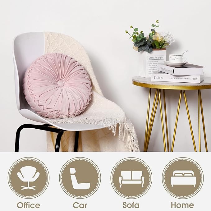 HIG Set of 2 Pink Ruched Velvet Round Throw Pillows – 14.5’’ Decorative Pillows with Soft Polyester Filling for Couch, Bed, Living Room, Bedroom, or Dorm – Handmade, Stress Relieving, All-Season