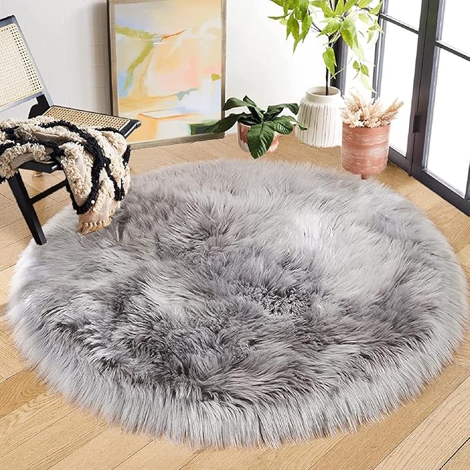ORINOVA Round Rugs 6ft Silver Grey Fuzzy Faux Sheepskin Washable Furry Fur Area Rugs for Bedroom Large Boho Circle Nursery Rug