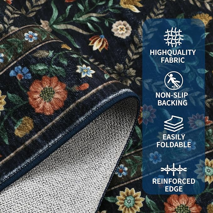 Washable Kitchen Rugs Non Slip 2x6 Hallway Runner Rug Stain Resistant Low Pile Floral Floor Rug with Rubber Backing Non Shedding Runners for Indoor Entryway Bedside Bedroom Farmhouse RV Navy&Black