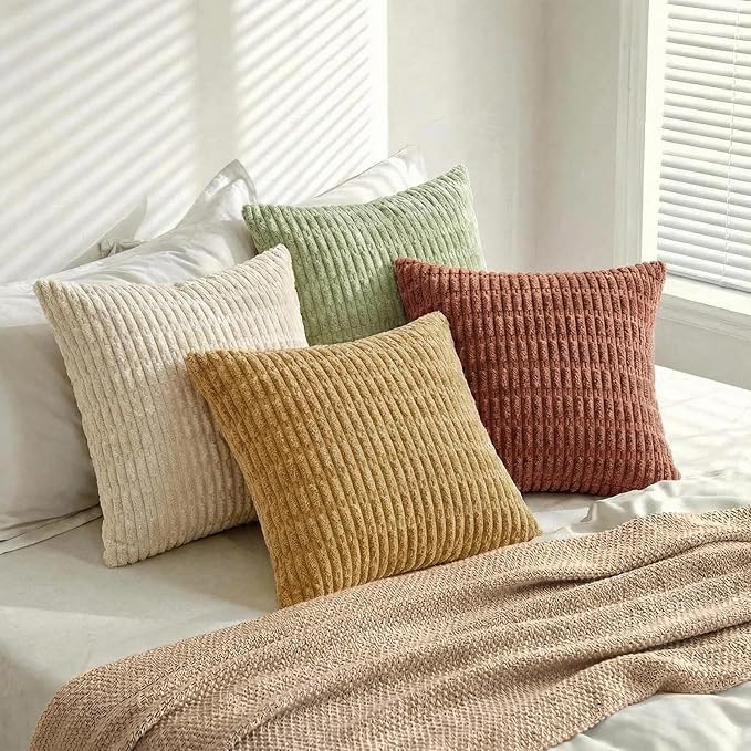 Fancy Homi 4 Packs Boho Fall Euro Decorative Throw Pillow Covers 26x26 Inch for Living Room Couch Bed, Rustic Farmhouse Home Decor, Soft Plush Striped Corduroy Square Colorful Cushion Case 66x66 cm