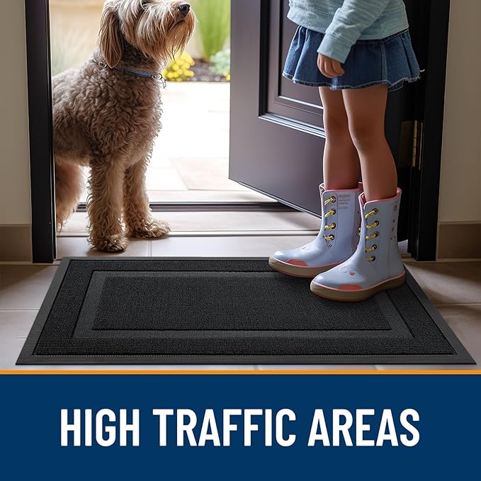 OLANLY Front Door Mat Indoor Outdoor Entrance, Waterproof All-Season, All-Weather Doormat, Sturdy Natural Rubber, Low Profile, Easy Clean Patio Porch Entryway Mat, 33x21, Jet Black