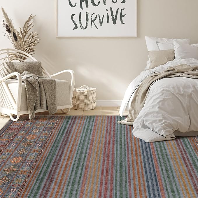 Nakagishi 9X12 Area Rugs Living Room: Washable Large Vintage Rug Neutral Non-Slip Soft Stain Resistant Indoor Carpet for Bedroom Nursery Dining Room Office Playroom - Multi Color