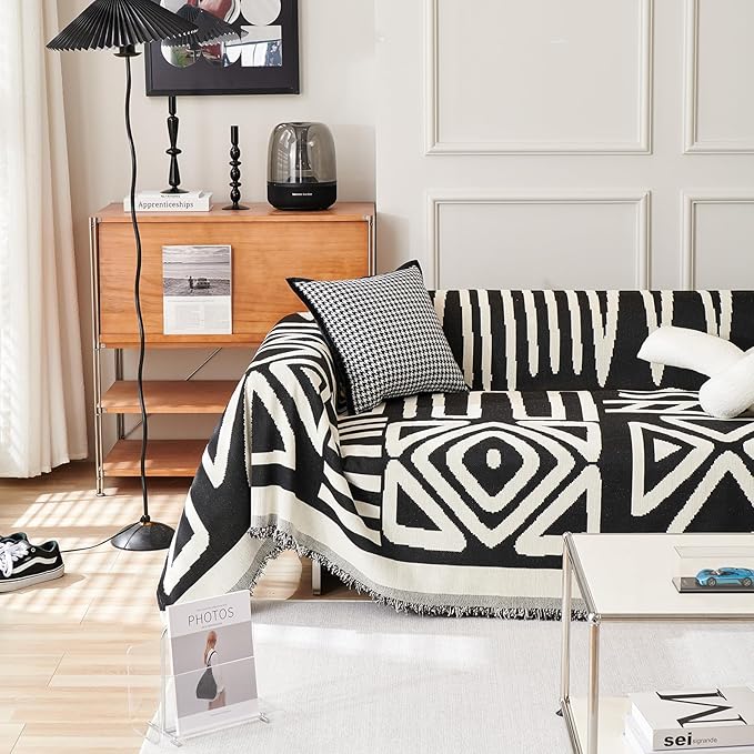 HANDONTIME Boho Sofa Covers for Dogs Black Couch Sofa Covers for 3 Cushion Couch Sofa Beige Chenille Sofa Slipcover Washable Sectional l Shaped Covers Pets Protector Furniture Covers, 91" X118"