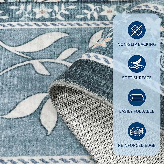 GarveeHome Provence Misty Blue 2.5 x 8 Washable Kitchen Runner Rugs Non Slip Vintage Boho Cottage Long Rug for Hallways Bedroom Entryway Bathroom Mat with Rubber Back