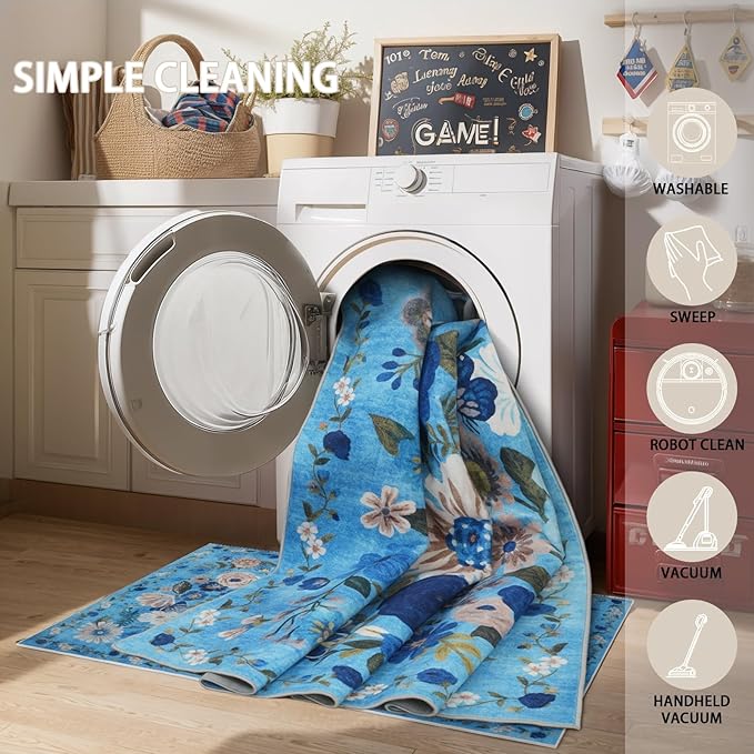 Area Rugs 10x14 Living Room, Non Slip Machine Washable Floral Rugs, Low Pile Lightweight Large Rug for Bedroom, Dining Room, Home Office(10 x 14, Blue Garden)