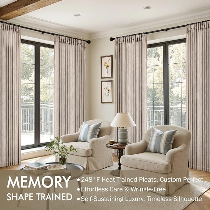 MIULEE Pinch Pleated Linen Curtains 96 Inches Long 2 Panels for Living Room Bedroom, Linen Texture Memory Trained Drapes Pinch Pleat Back Tab Rustic Farmhouse Window Curtains with Hooks&Rings, Taupe