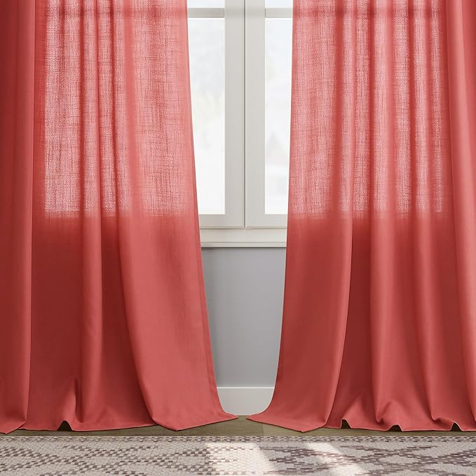 Nanspring Watermelon Red Linen Curtains 84 Inch Length 2 Panels Set, Back Tab Rod Pocket Light Filtering Privacy Semi Sheer Textured Curtains Neutral Farmhouse Decor Curtain for Living Room Bedroom