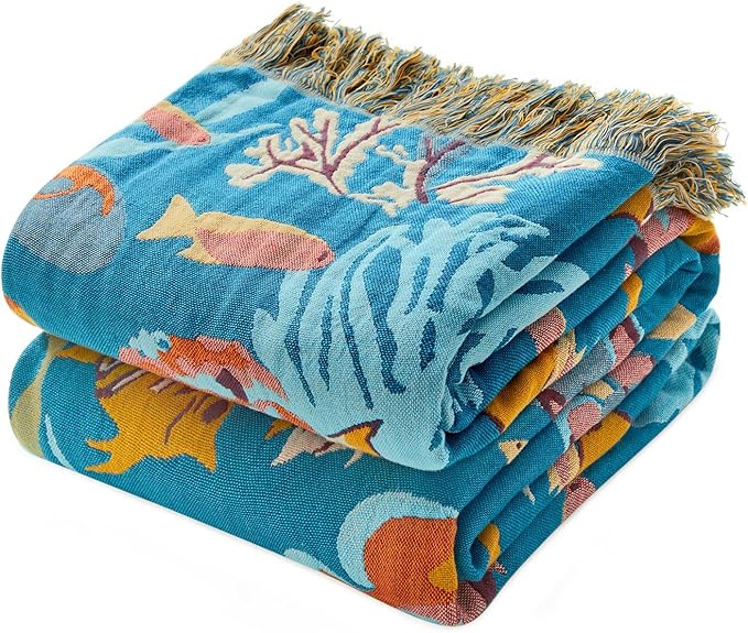 MSGKV Throw Blanket for Couch Cotton Cute Ocean Animals Blanket 50"x60" Sofa Chair Blankets Muslin Spring Breathable All Seasons Lightweight Farmhouse Home Decor