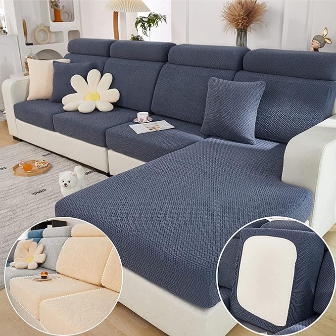 Couch Cushion Covers for Sofa Couch Covers Wear-Resistant Universal Sofa Cover Washable Stretch for Sectional Slipcovers (Texture-Gray Blue,Back Cover L)