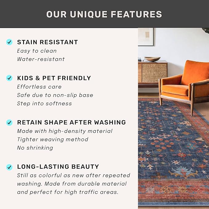 Hazo Haus Washable 2x4 Entry Rug Front Door Indoor, Farmhouse Small Area Rugs for Kitchen, Bathroom, Entrance, Non Slip Rubber Backed, Perfect for Boho Décor (2x4 Navy Blue)