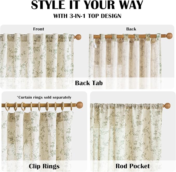 Lazzzy Green Floral Linen Curtains 84 Inch Farmhouse Back Tab Drapes for Living Room Bedroom Light Filtering Vintage Grandmillennial Rod Pocket Curtains, 2 Panels, W38 x L84, Green on Beige