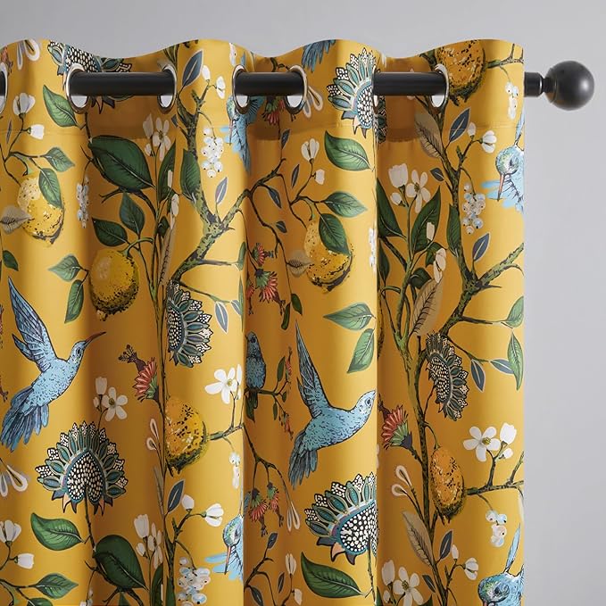 Topfinel 100 Inches Long Mustard Yellow Luxury Curtains for Living Room Bedroom, Blackout Vintage Art Deco Victorian Curtains Floral Lemon Hummingbird Printed Grommet Drape 100 Inch Length