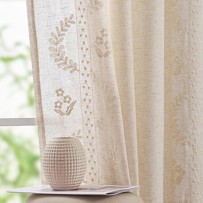 jinchan Belrose Linen Curtains for Bedroom Floral Curtains 63 Inch Length Linen Blend Ivory Embroidered Drapes Farmhouse Flower Patterned Drapes for Living Room Window Treatments Set 2 Panels
