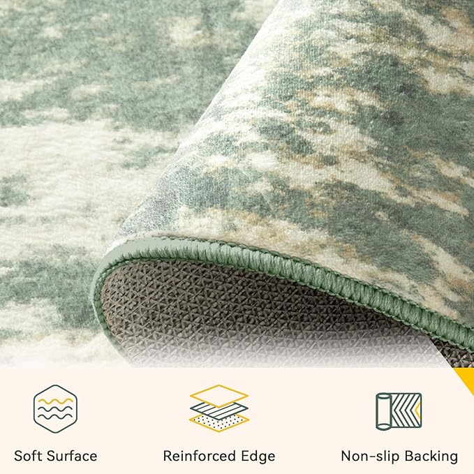 Washable Area Rugs 5'x7' Non-Slip Modern Abstract Soft for Living Room Entryway Bedroom Nursery, Print Pattern, Light Green/Yellow