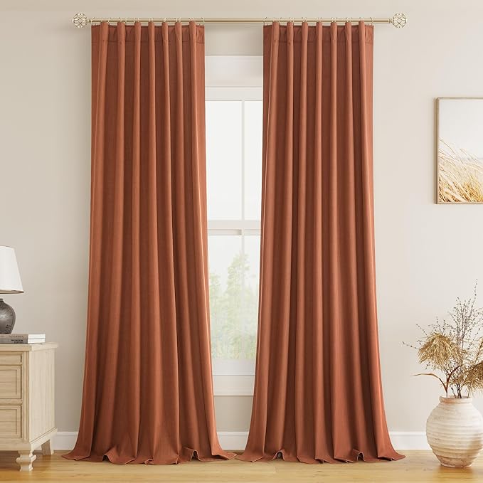 Guken Terracotta 100% Blackout Curtains 108 Inch Length 2 Panels Set Fall Curtains for Living Room Bedroom Back Tab Thermal Insulated Black Out Linen Drapes，52x108
