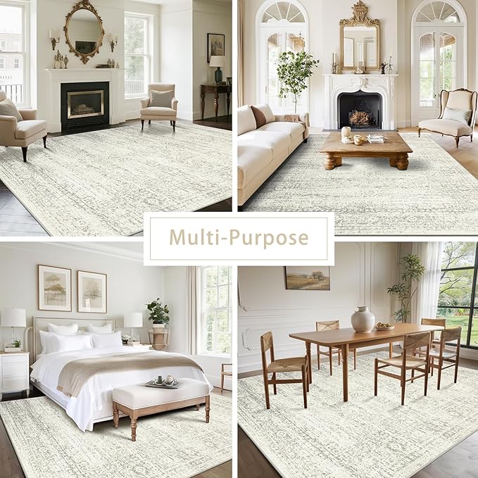 Washable Rugs 8x10 Area Rugs for Living Room,Bedroom,Dining Room- Large Ultra Soft Faux Wool Retro Carpets,Non Slip&Non-Shedding Low Pile Vintage Print Rug for Home Office Decor-Beige